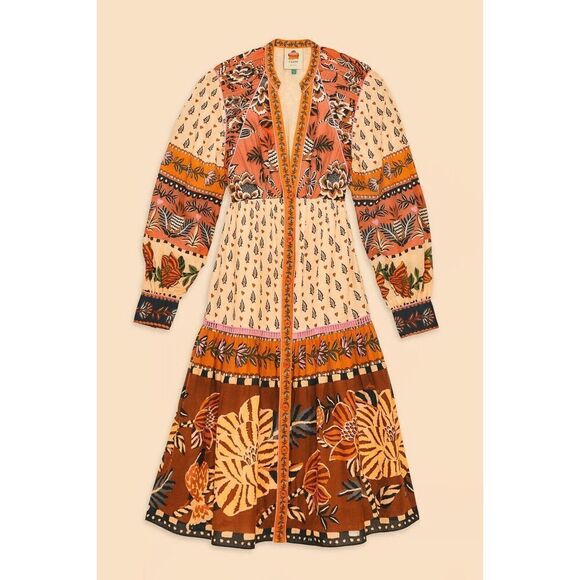 Farm Rio Beige Ainika Floral V Neck Midi Dress Medium NEW - Picture 3 of 7